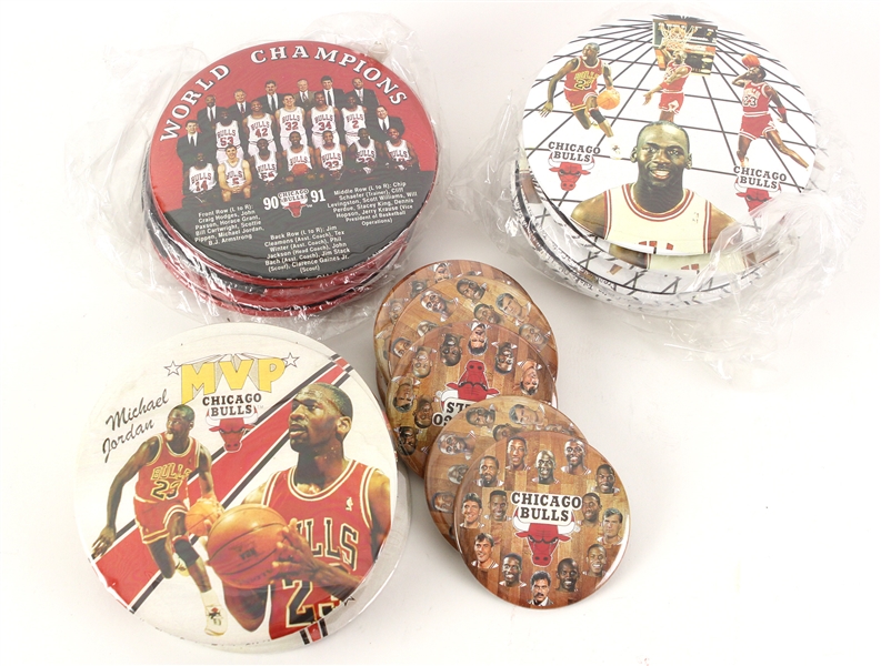 1990s Michael Jordan Chicago Bulls Pinback Collection - Lot of 32 w/ 6" 1990-91 NBA Champions, 6" Michael Jordan MVP & More