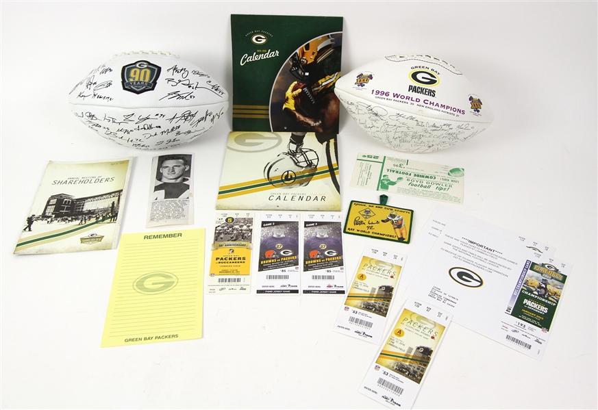 1960s-2000s Green Bay Packers Memorabilia Collection - Lot of 16 w/ Facsimile Signed Footballs, Tickets & More 
