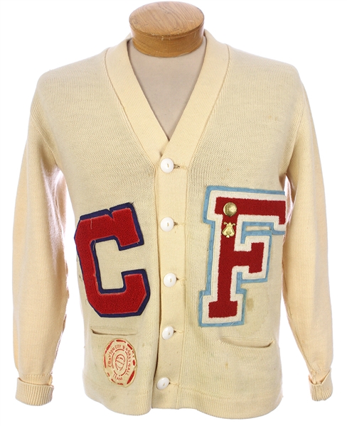 1950s Dehen Knitting Co. White Wool "C" "F" Basketball Sweater w/ Charms (MEARS LOA)