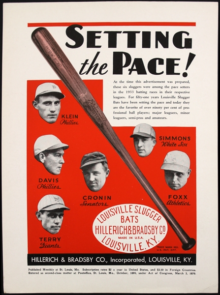 1933 Louisville Slugger Hillerich & Bradsby 9”x13” Advertising Poster