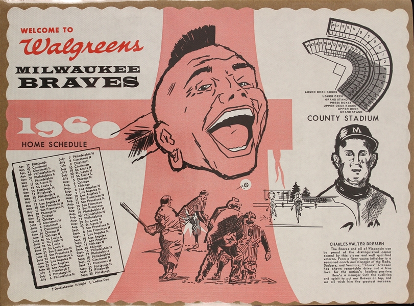 1960 Milwaukee Braves 10" x 14 Walgreens Milwaukee County Stadium Home Schedule Place Mat