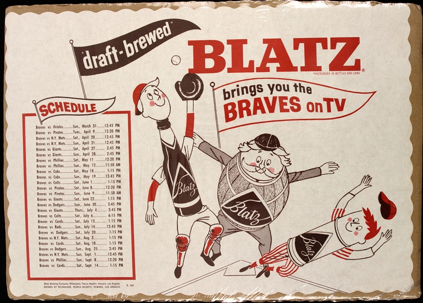 1963 Milwaukee Braves 9.5" x 13.5" Blatz Beer TV Schedule Place Mat