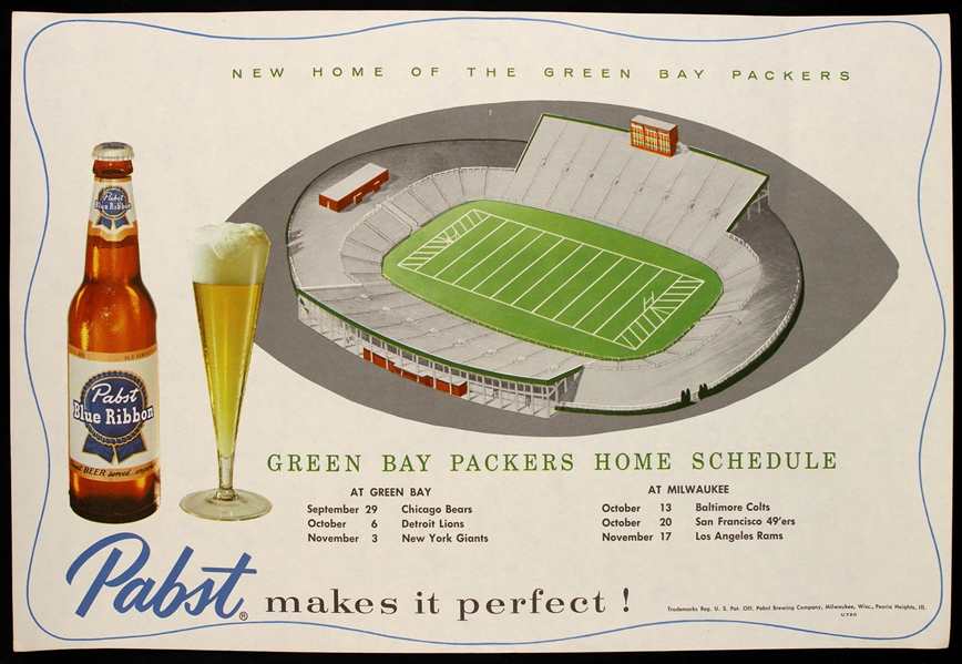 1957 Green Bay Packers 10" x 15" Pabst Blue Ribbon Lambeau Field "New Home of the Green Bay Packers" Place Mat