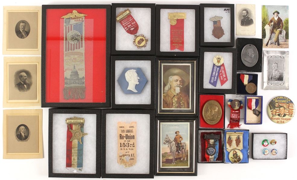 1880s-1980s Americana Collection - Lot of 28 w/ Presidential, Wild West, Medals, Pinbacks, Ribbons & More