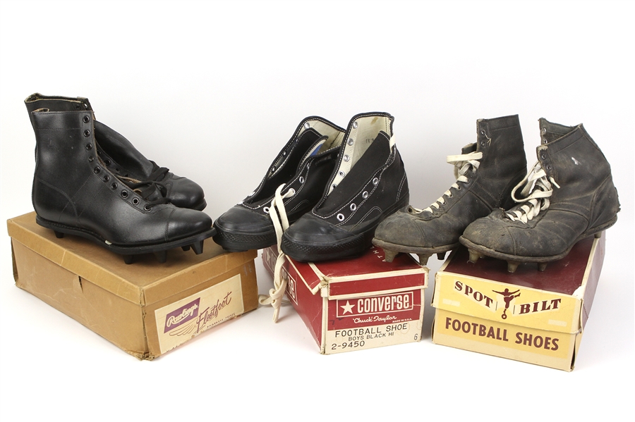1950s-60s Game Worn Football Cleats w/ Original Boxes - Lot of 3 w/ Converse Chuck Taylor, Rawlings Fleet Foot & Spot Bilt