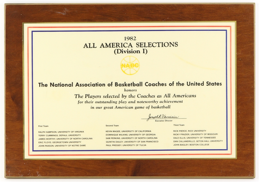 1982 Terry Cummings DePaul University Signed 14" x 20" NABC All America Selections Plaque (JSA)