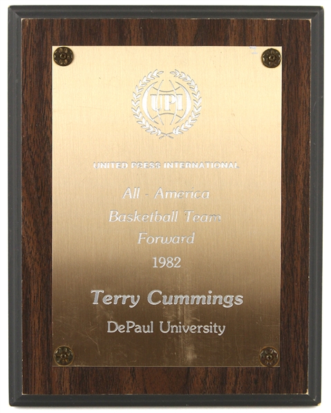 1982 Terry Cummings DePaul University Signed 7" x 9" UPI All America Basketball Team Plaque (JSA)