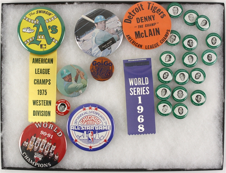 1960s-90s Baseball Football Basketball Pinback Collection - Lot of 25 w/ Reggie Jackson, Chicago Bulls, Green Bay Packers & More