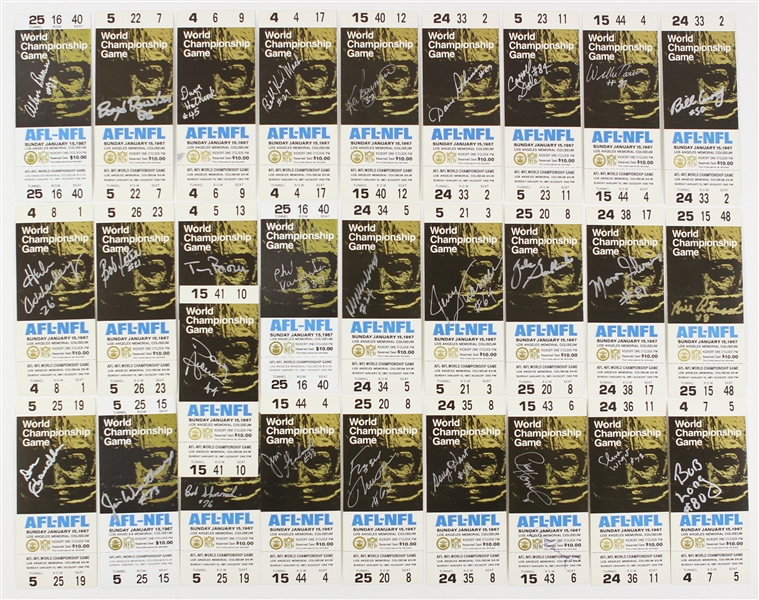 1967 Green Bay Packers Signed Super Bowl I Reprint Tickets - Lot of 28 w/ Jerry Kramer, Willie Wood, Paul Hornung & More (JSA)