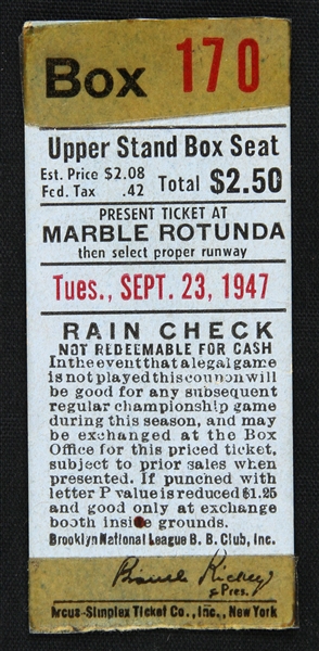1947 Jackie Robinson Day Brooklyn Dodgers New York Giants Ebbets Field Ticket Stub