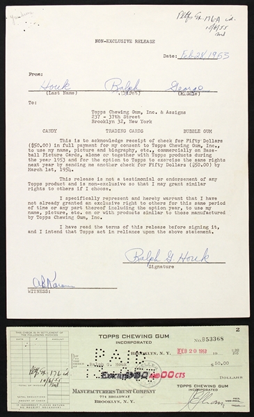 1953 Ralph Houk New York Yankees Signed Topps Contract & Check - Lot of 2 (JSA)