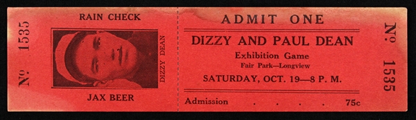 1935 Dizzy & Paul Dean Longview Texas Barnstorming Exhibition Game Full Ticket