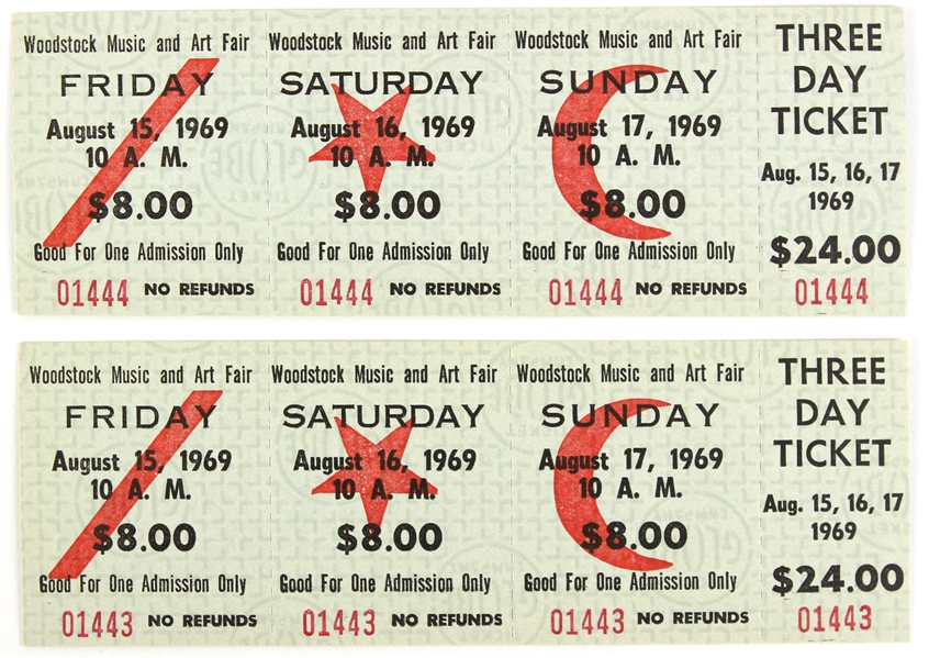 1969 Woodstock Music & Art Fair Unused Three Day Ticket - Lot of 2
