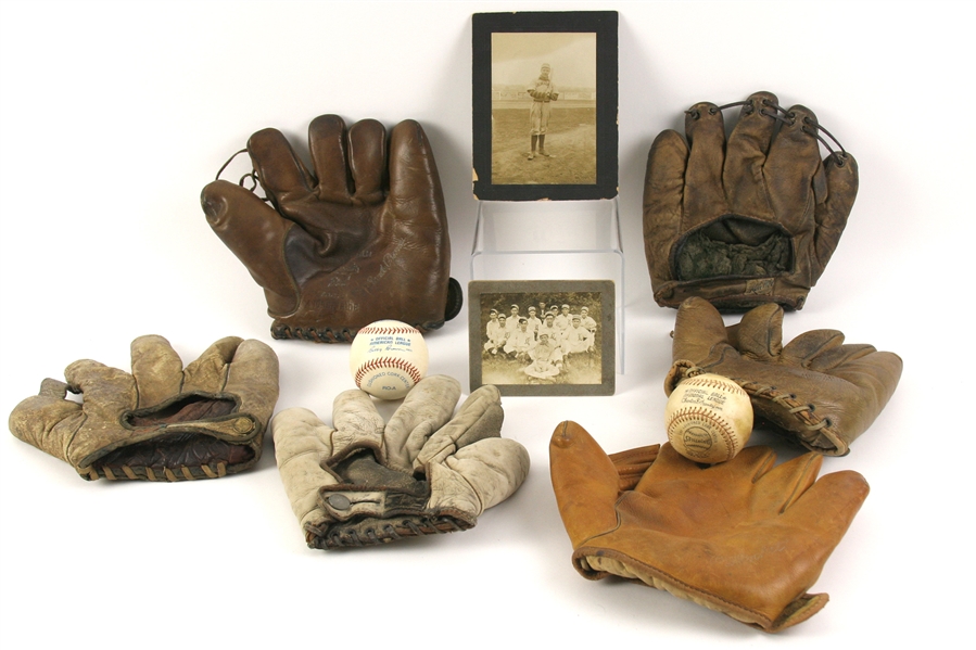 1900s-90s Baseball Memorabilia Collection - Lot of 10 w/ Game Used Baseballs, Store Model Mitts & Vintage Photos (MEARS LOA)