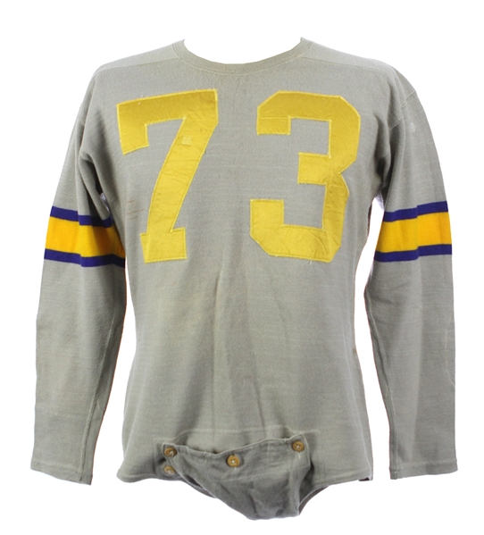 1940s-50s Grey Wool #73 Game Worn OShea Knitting Mills Football Jersey w/ Crotch Strap (MEARS LOA)
