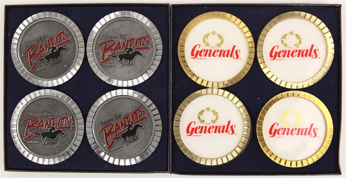 1983-85 New Jersey Generals Tampa Bay Bandits USFL Coaster Sets - Lot of 2 w/ 8 Coasters Total in Original Boxes