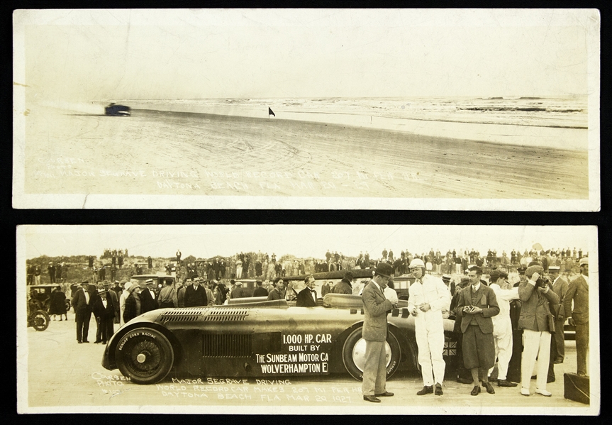 1927 1,000 HP Car Bulit by Sunbeam Motor Car Sets Speed Record – 207 MPH 3.5”x10.5” Original Photo (lot of 2)