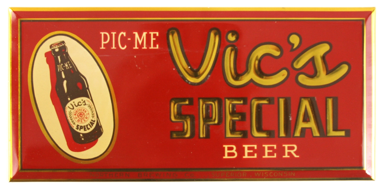 1940s Near Mint Vic’s Special Celluloid 5.5” x 11.5” Beer Breweriana Advertising Sign 