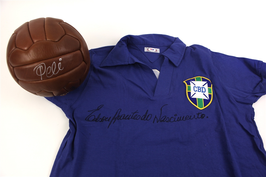 1990s Pele Brazil Soccer Signed Long Sleeve Jersey & 1958 World Cup Replica Match Ball - Lot of 2 (PSA/DNA)