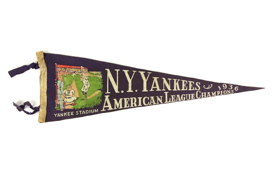 1936 New York Yankees American League Champions 26" Pennant w/ Original Charles Shear Concessioner Label