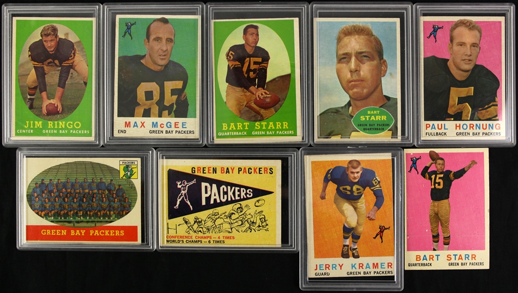 1958-60 Green Bay Packers Topps Trading Cards - Lot of 9 w/ Bart Starr, Paul Hornung, Mac McGee, Jerry Kramer & More