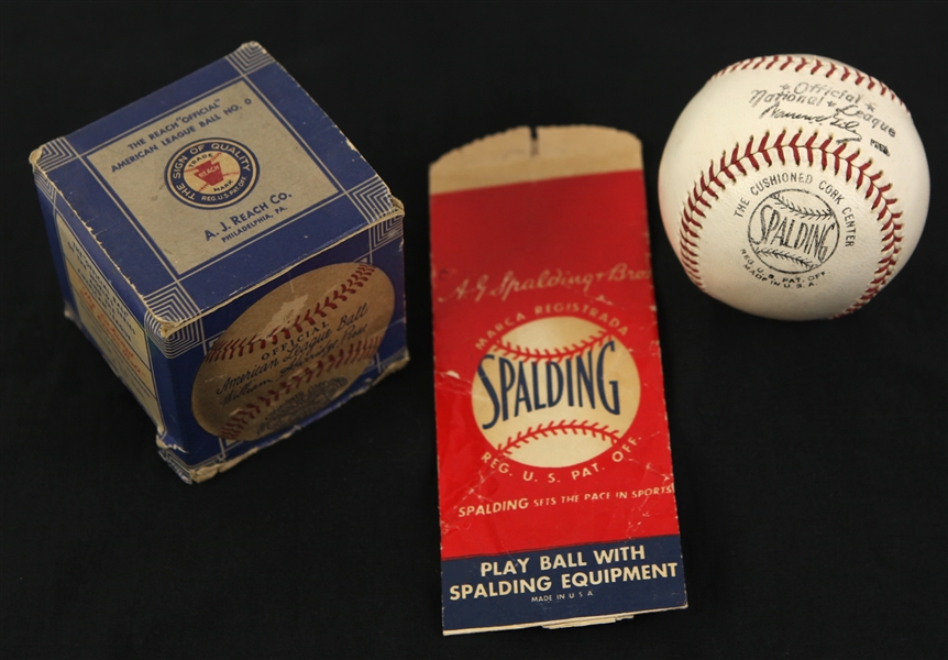 1934-63 Spalding Official National League Warren Giles Baseball w/ OAL Harridge Box & Spalding Paper Bag