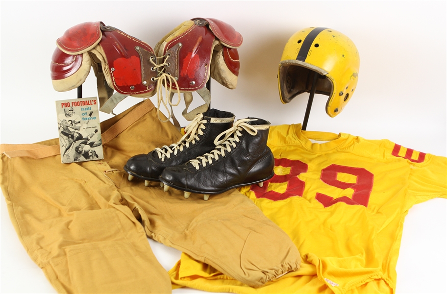 1940s-60s Game Worn Football Equipment - Lot of 5 w/ Sand Knit Jersey, Spalding Helmet, Wilson High Top Cleats & More (MEARS LOA)