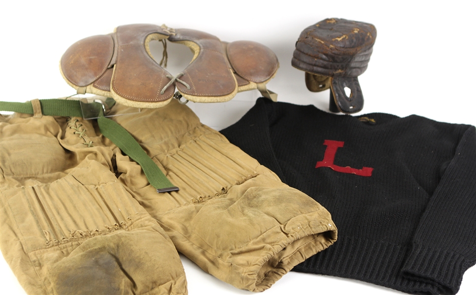 1910s-20s Game Worn Football Equipment - Lot of 4 w/ AG Spalding Sweater, Padded Leather Helmet, Goldmsith Shoulder Pads & More (MEARS LOA)