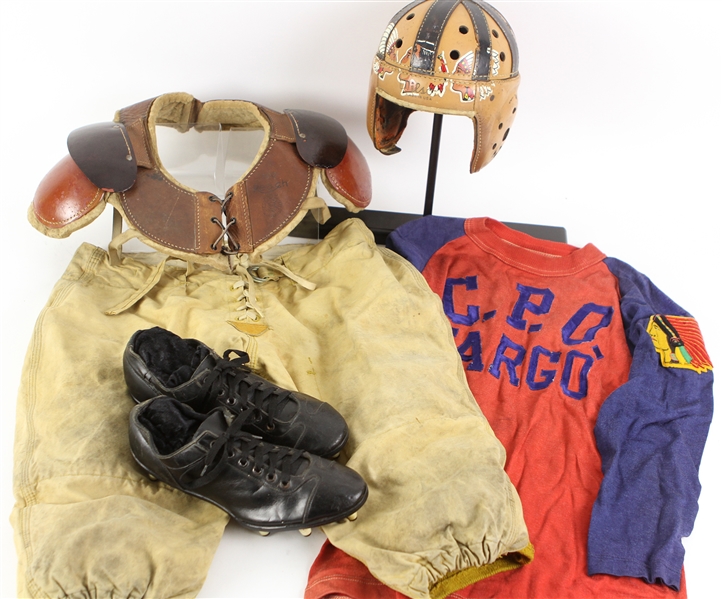 1920s-40s Game Worn Football Equipment - Lot of 5 w/ CPO Fargo Durene Jersey, Wilson F2180 Helmet, Reach 100 Shoulder Pads & More (MEARS LOA)
