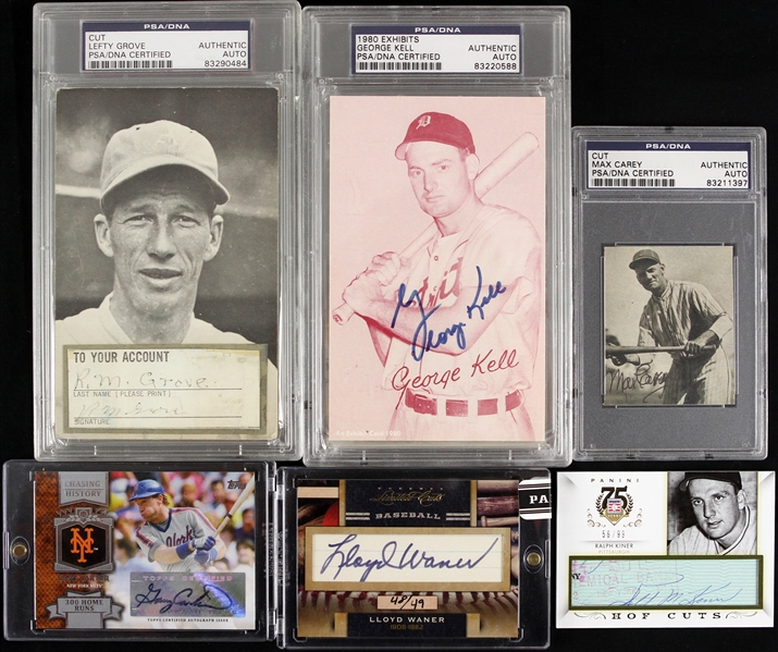 1940s-2000s Hall of Fame & All Star Signed Cuts & Exhibit/Trading Cards - Lot of 8 w/ Lloyd Waner, Lefty Grove, Dom DiMaggio & More (PSA/DNA)