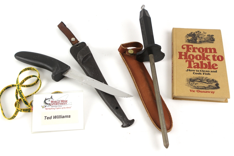 1950s-70s Ted Williams Boston Red Sox Personal Fishing Accessories - Lot of 4 w/ Knife, Sharpener, Book & Name Badge (MEARS LOA/Williams Estate Letter)