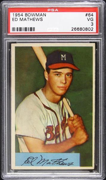1954 Eddie Mathews Milwaukee Braves Bowman Trading Card (PSA Slabbed 3 VG)