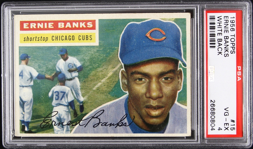 1956 Ernie Banks Chicago Cubs Topps White Back Trading Card (PSA Slabbed 4 VG EX)