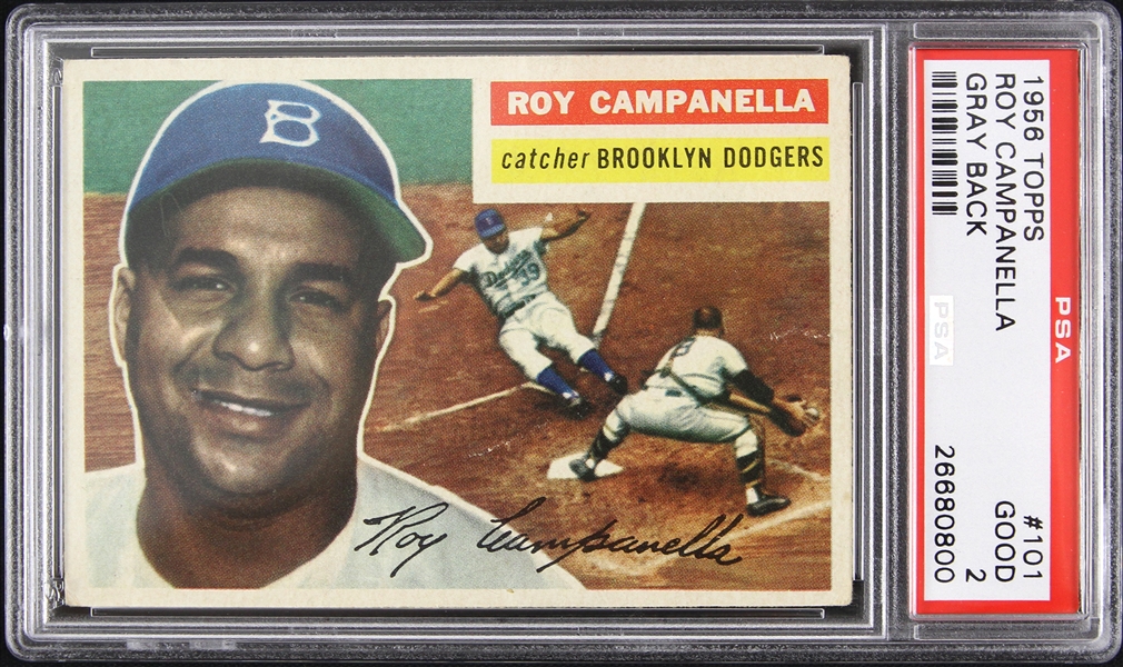 1956 Roy Campanella Brooklyn Dodgers Topps Gray Back Trading Card (PSA Slabbed 2 Good)