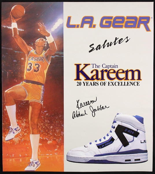  1989 circa Kareem Abdul Jabbar Los Angeles Lakers Facsimile Signed LA Gear 10.5" x 12" Countertop Display