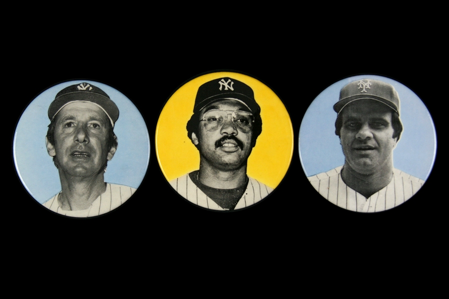 1978 Reggie Jackson Billy Martin Joe Torre New York Yankees/Mets 3" Pinback Buttons - Lot of 3