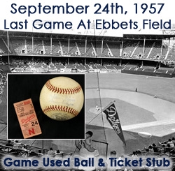 1957 (September 24) Gil Hodges Brooklyn Dodgers Last Game At Ebbets Field ONL Giles Game Used Baseball & Ticket Stub (MEARS LOA)