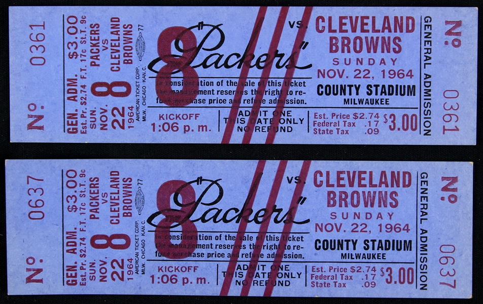 1964 Green Bay Packers Cleveland Brown Milwaukee County Stadium Full Tickets - Lot of 2
