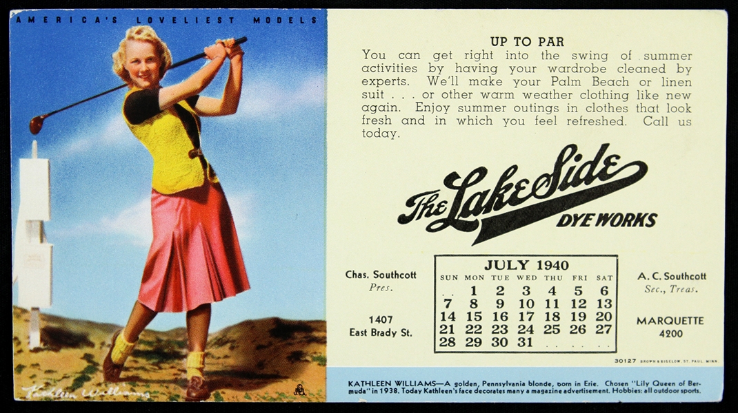 1940 Kathleen Williams Lake Side Dye Works 3.5" x 6.25" Advertising Card