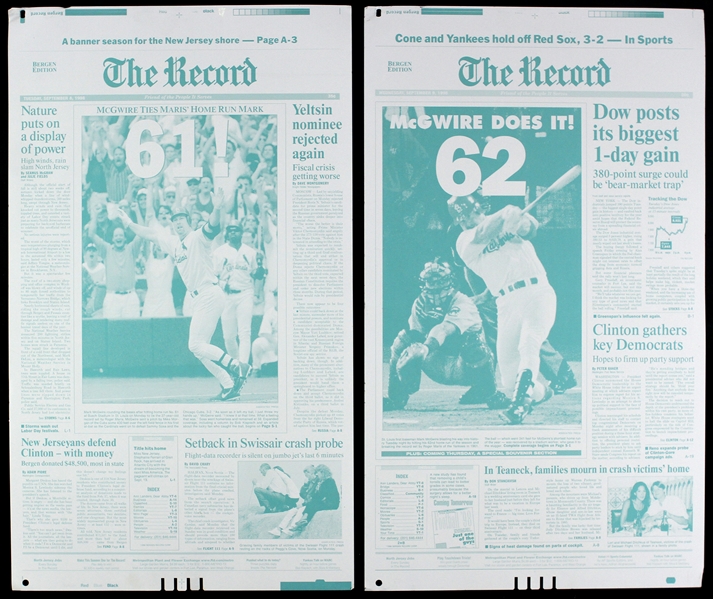 1998 Mark McGwire St. Louis Cardinals 61st & 62nd Home Runs Bergen Record Newspaper Printing Plates - Lot of 2