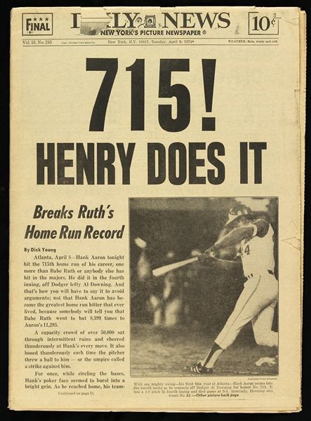1974 (April 9) Hank Aaron Atlanta Braves 715th Career Home Run New York Daily News Newspaper