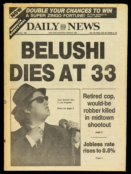 1982 (March 6) John Belushi Dies at 33 New York Daily News Newspaper