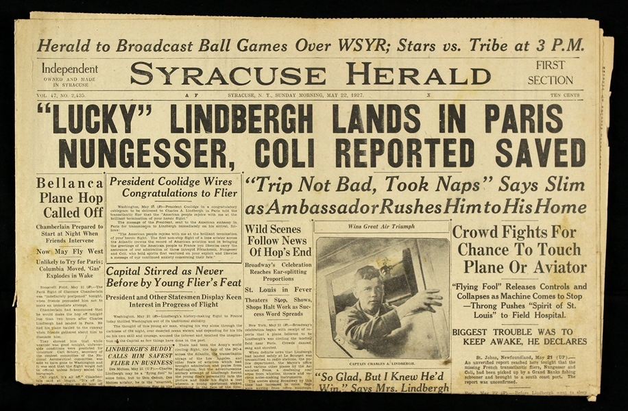1927 (May 22) Charles Lindbergh First to Complete Trans Atlantic Flight Syracuse Herald Newspaper