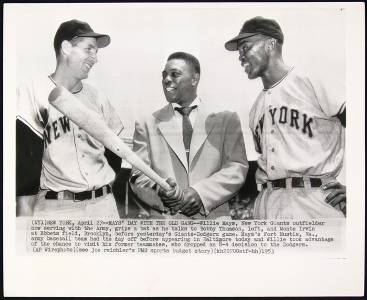 1953 Willie Mays Monte Irvin Bobby Thomson New York Giants 8x10 Wire Photo