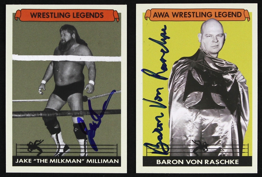 1970s Wrestling Legends Baron Von Raschke & Jake The Milkman Milliman Signed Cards (2) (JSA)