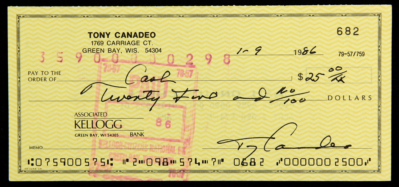 1986 Tony Canadeo Green Bay Packers Signed Personal Check (JSA)