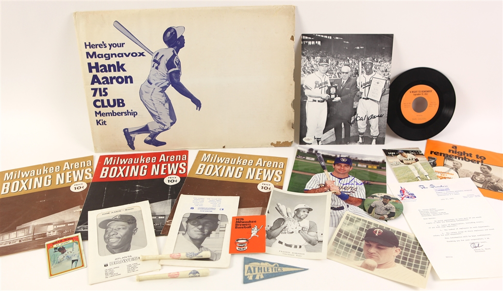 1940s-80s Baseball Boxing Memorabilia Collection - Lot of 18 w/ Willie Mays Signed Card, Hank Aaron Signed Photo, Milwaukee Arena Boxing Programs & More (JSA)