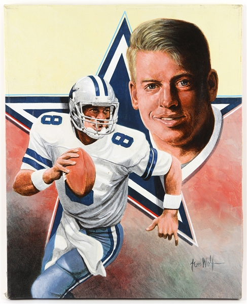 1990s Troy Aikman Dallas Cowboys 16" x 20" Leon Wolf Original Painting (Star Background)