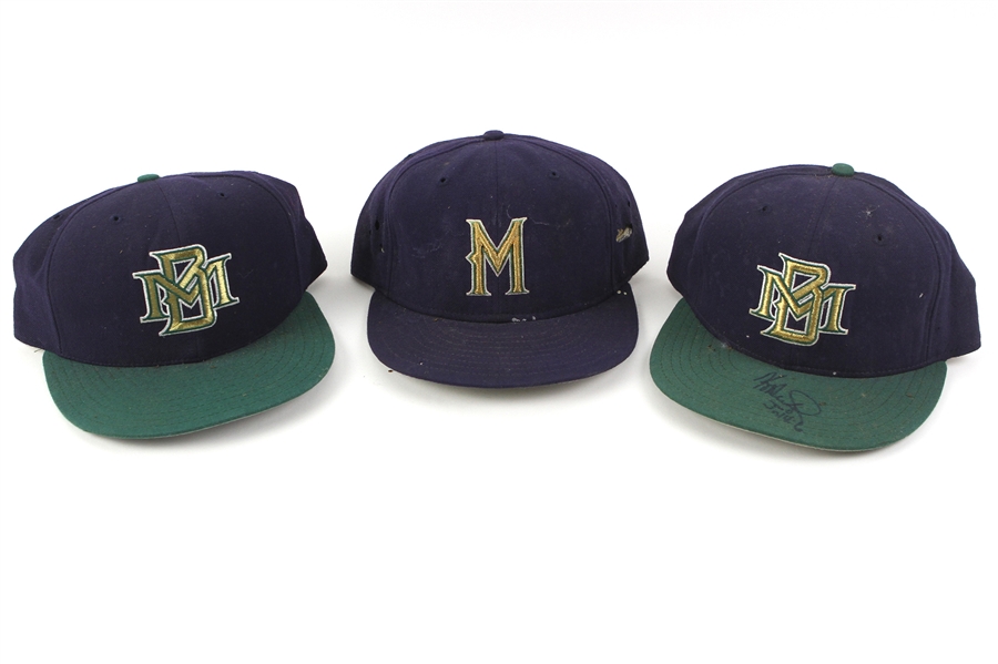 1994-97 Kevin Seitzer Jeff Cirillo Marc Newfield Milwaukee Brewers Game Worn Caps - Lot of 3 w/ 1 Signed (MEARS LOA/JSA)
