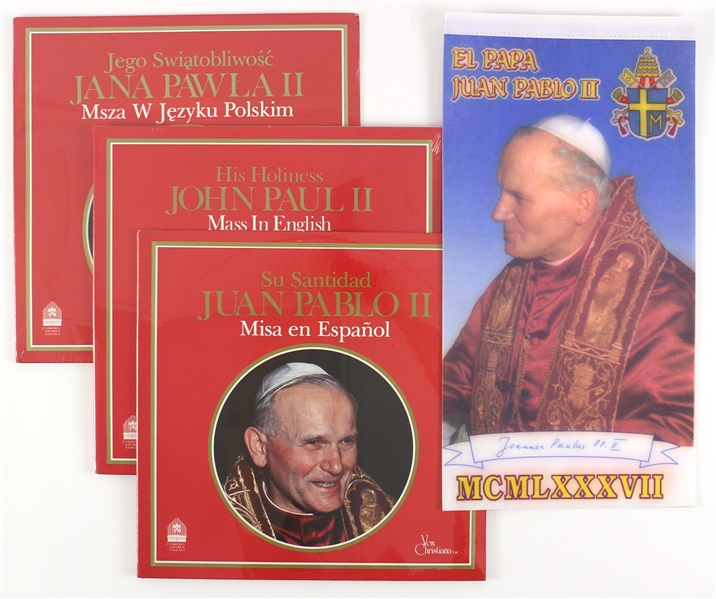 1979-87 Pope John Paul II Memorabilia Collection - Lot of 4 w/ 9" x 17" Felt Banner & Sealed Multilingual Mass LPs